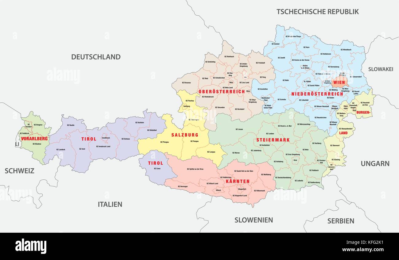Mapa de vectores administrativa y política de Austria en alemán. Ilustración del Vector