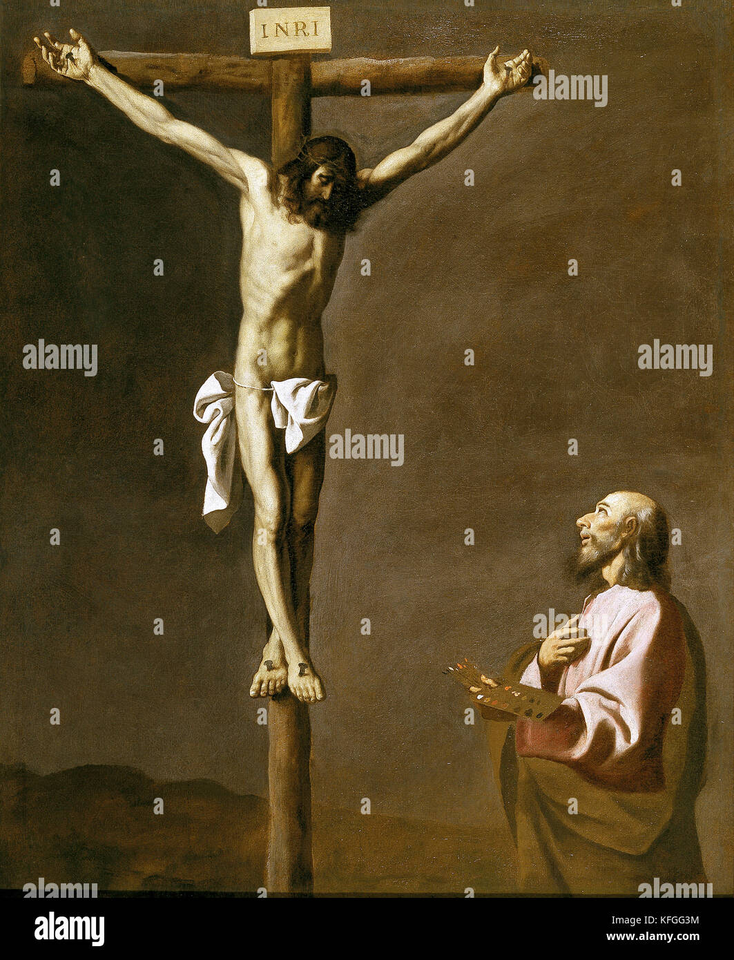 San Lucas como pintor ante Cristo en la Cruz, por Francisco de Zurbarán Foto de stock