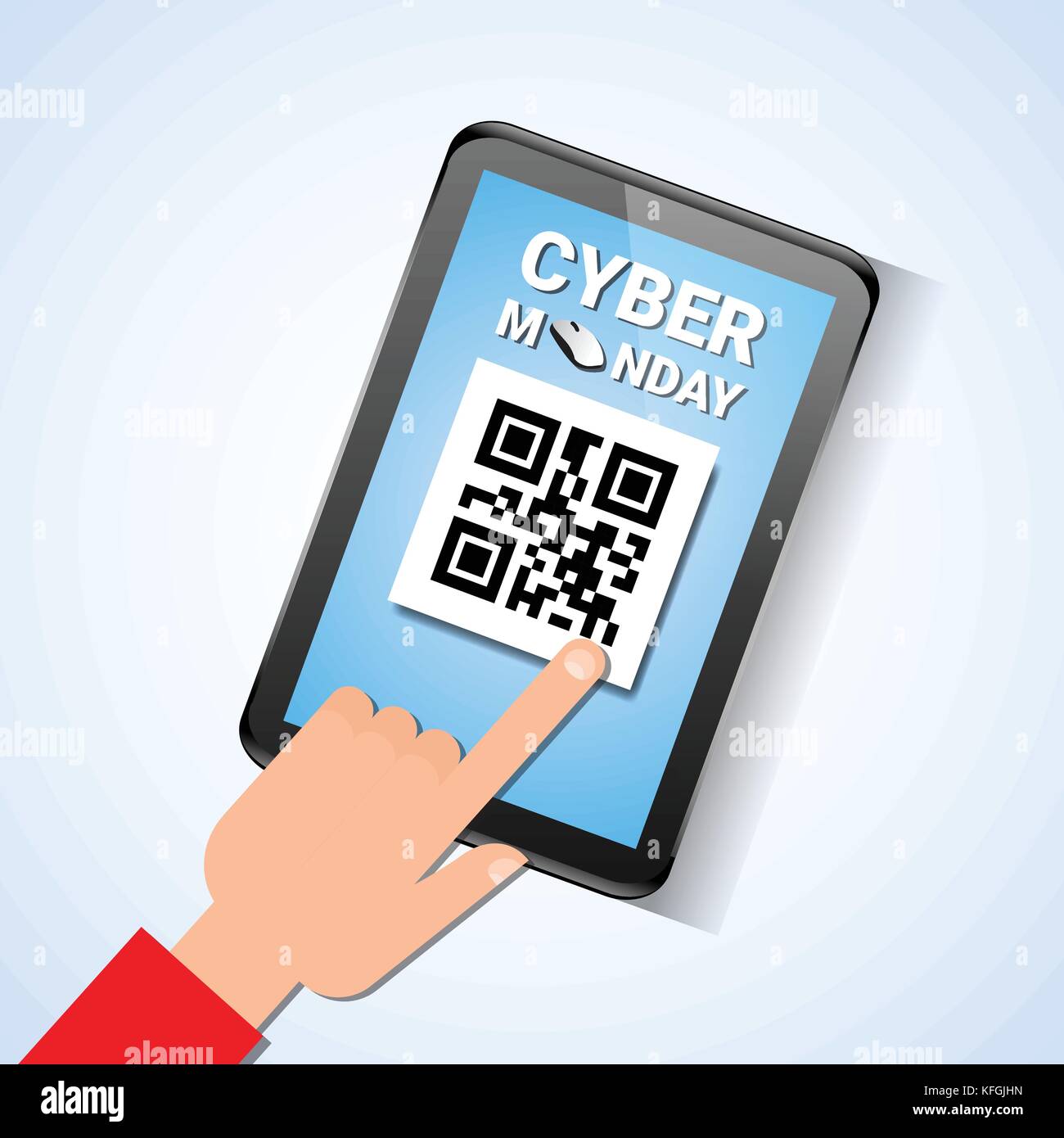 Mano toque tableta digital con código QR en pantalla venta Cyber Monday  mensaje Imagen Vector de stock - Alamy