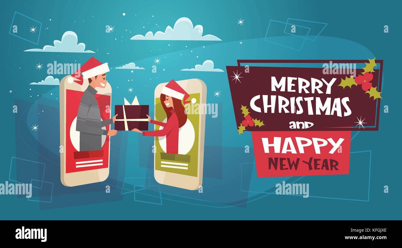 Feliz Navidad y próspero año nuevo cartel con la pareja dando caja de regalo a través de la pantalla del smartphone celulares Ilustración del Vector