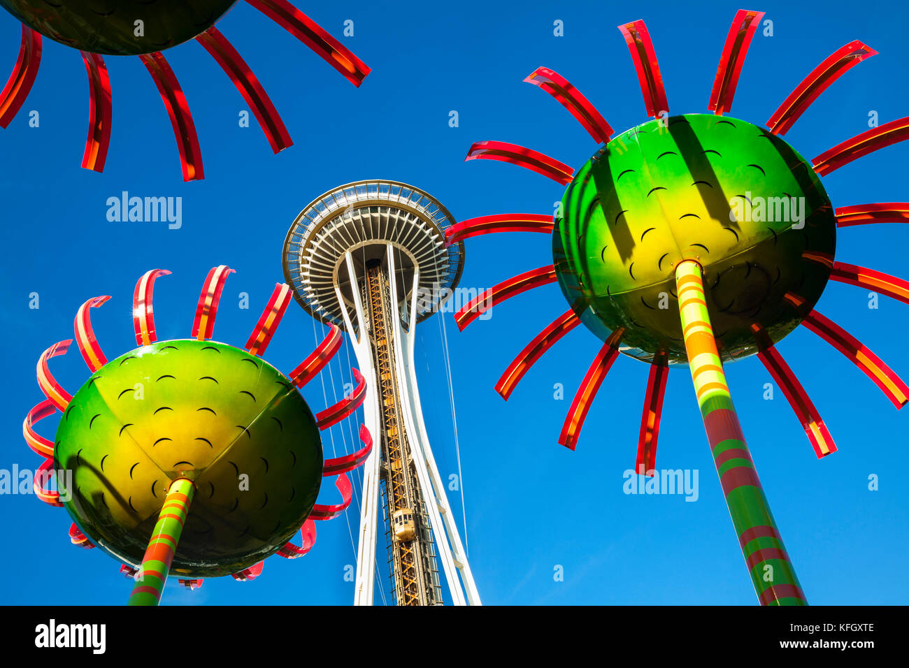 WA141445-00...WASHINGTON - Pantalla llamado Sonic Bloom con la aguja del espacio situado en el centro de Seattle. Foto de stock