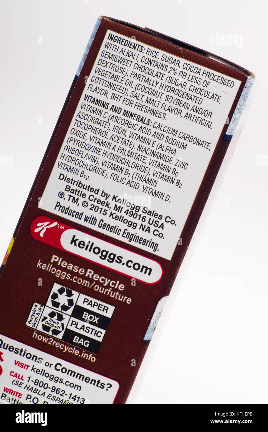 Lista de ingredientes en Kellogg's Cocoa Krispies caja de cereales Foto de stock