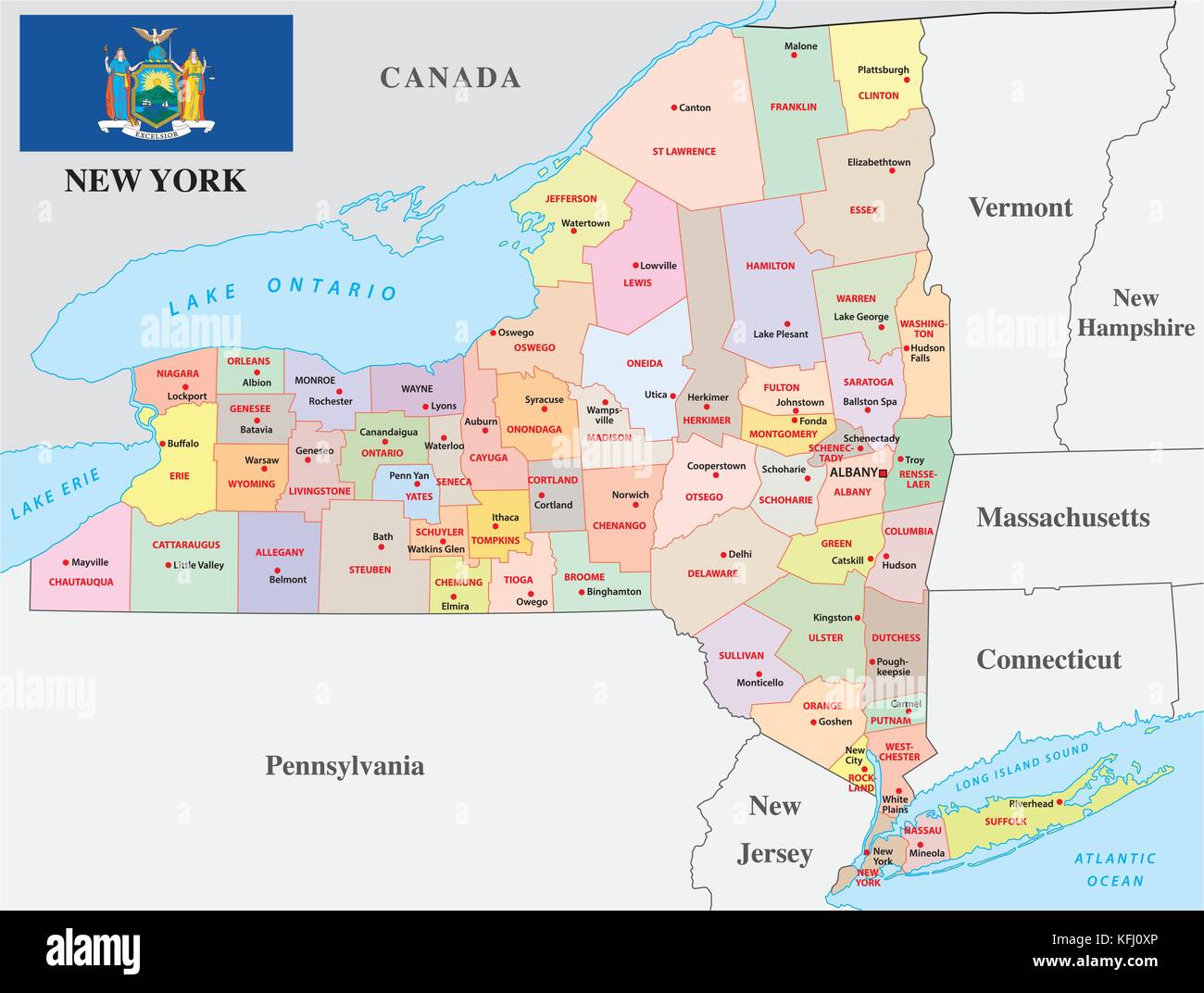 Administrativos y políticos de Nueva York mapa de vectores con bandera Ilustración del Vector