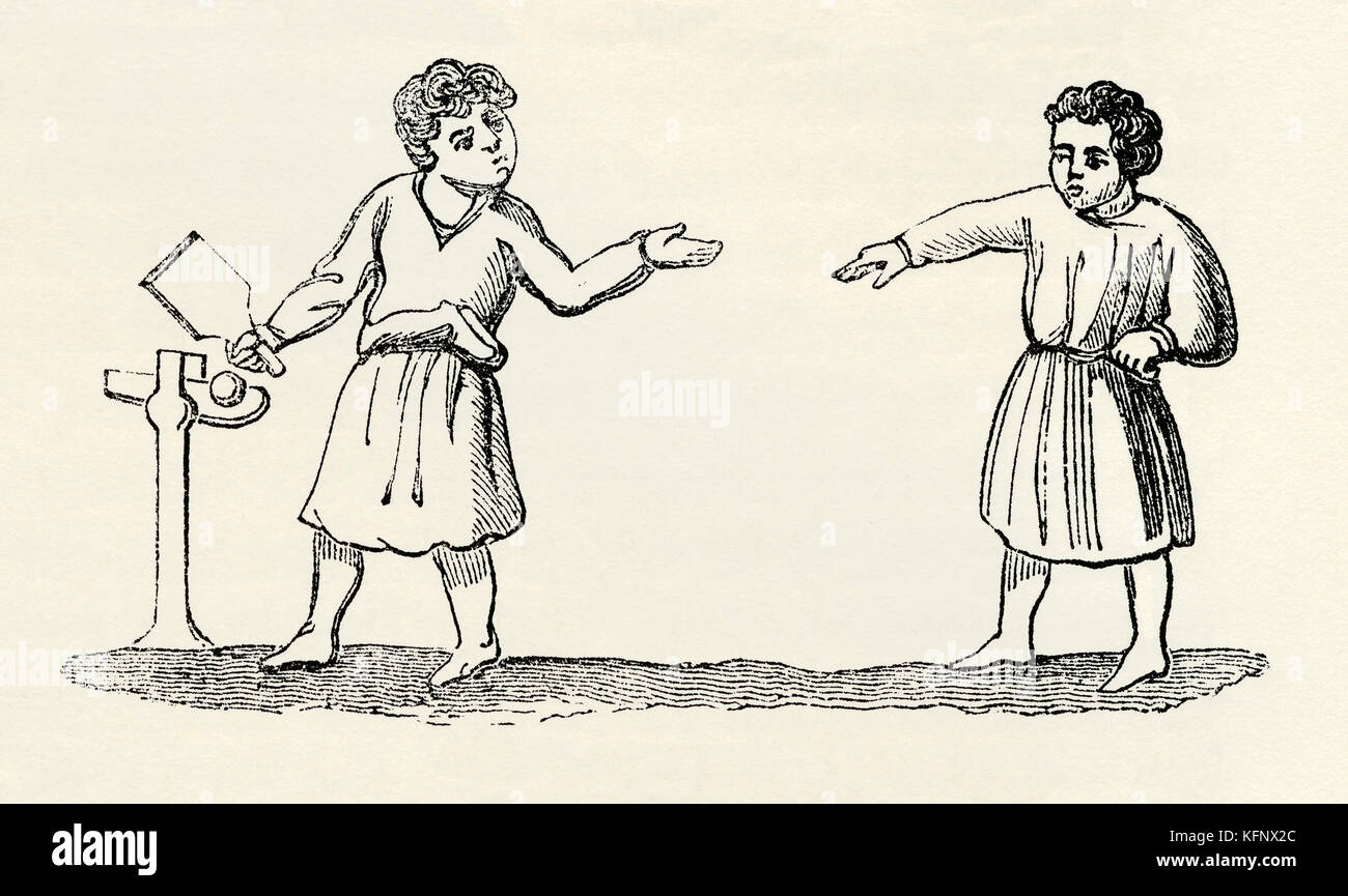 Un viejo grabado medieval de bat y la trampa (también conocido como knur y ortografía), un juego donde un jugador intentó golpear una bola tan fuerte y tan lejos como sea posible Foto de stock