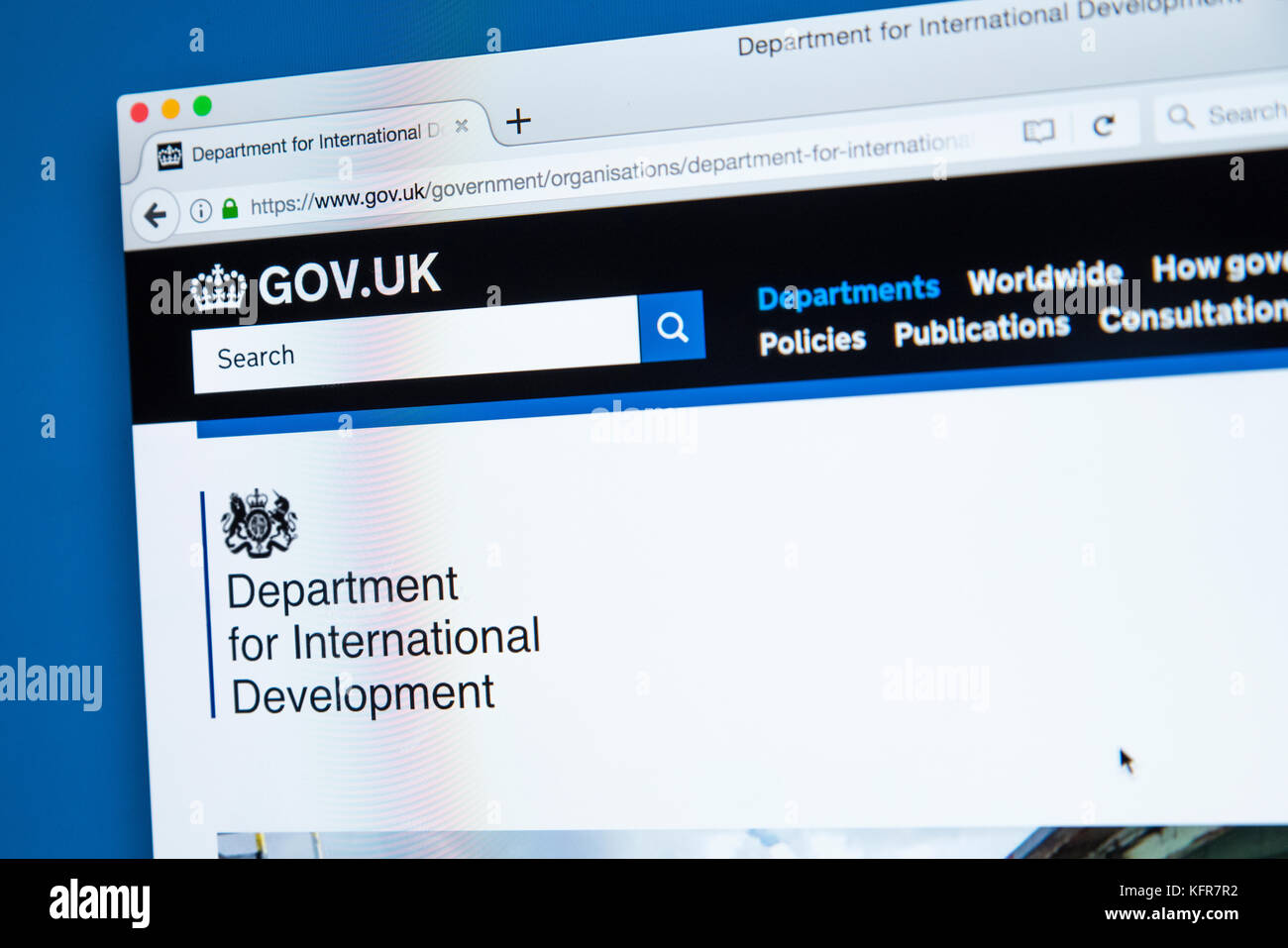 Londres, Reino Unido - 30 DE OCTUBRE DE 2017: La página web del Departamento de Desarrollo Internacional del Reino Unido en la página web del Gobierno, el 30 de octubre de 2017. Foto de stock
