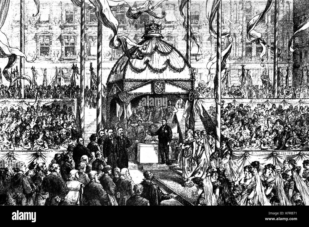 Ceremonia de colocación de la primera piedra para el Teatro Nacional de Praga (nota de martillo). Smetana de pie a la izquierda en primer plano. El compositor bohemio, 1824-1884. Foto de stock