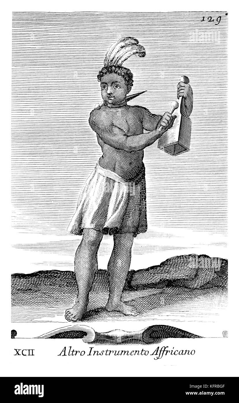 Altro Instrumento Africano - African sola campana. Ilustración de Filippo Bonanni "Gabinetto Armonico", publicada en 1723, Ilustración 92. Foto de stock