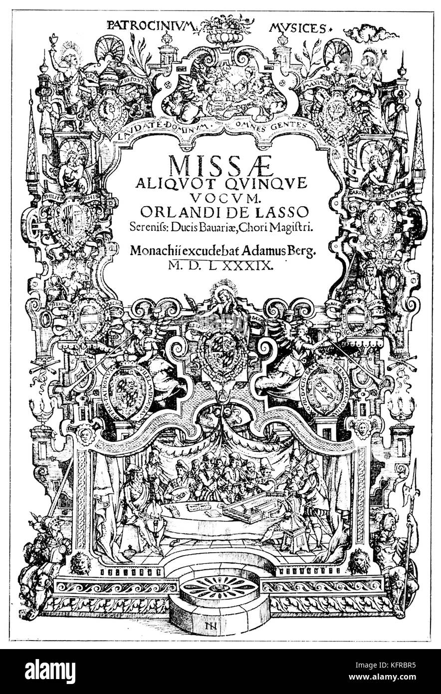 Título de página a parte de cinco misas, segunda parte de Orlando di Lasso 's "Patrocinium musices", Munich, 1589. Adam Berg. Xilografía de Johannes Nell. En el espacio inferior: Imagen de una orquesta de nueve cinco instrumentistas y cantantes. Compositor franco-flamenco 1532 (posiblemente 1530) - 14 de junio de 1594 . Foto de stock