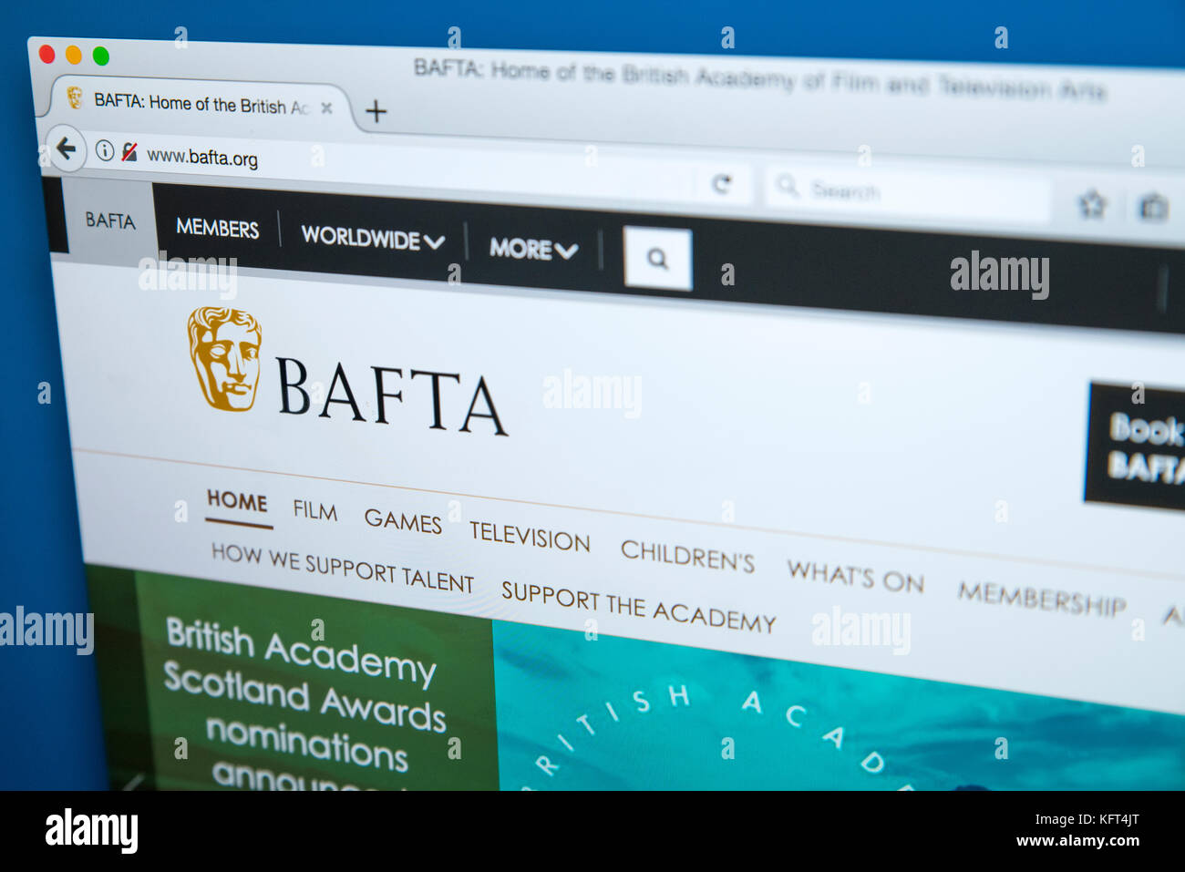 Londres, Reino Unido - 17 de octubre de 2017: la página de inicio del sitio web oficial de BAFTA, la academia británica de las Artes Cinematográficas y la televisión, el 17 de octubre de 2017 Foto de stock