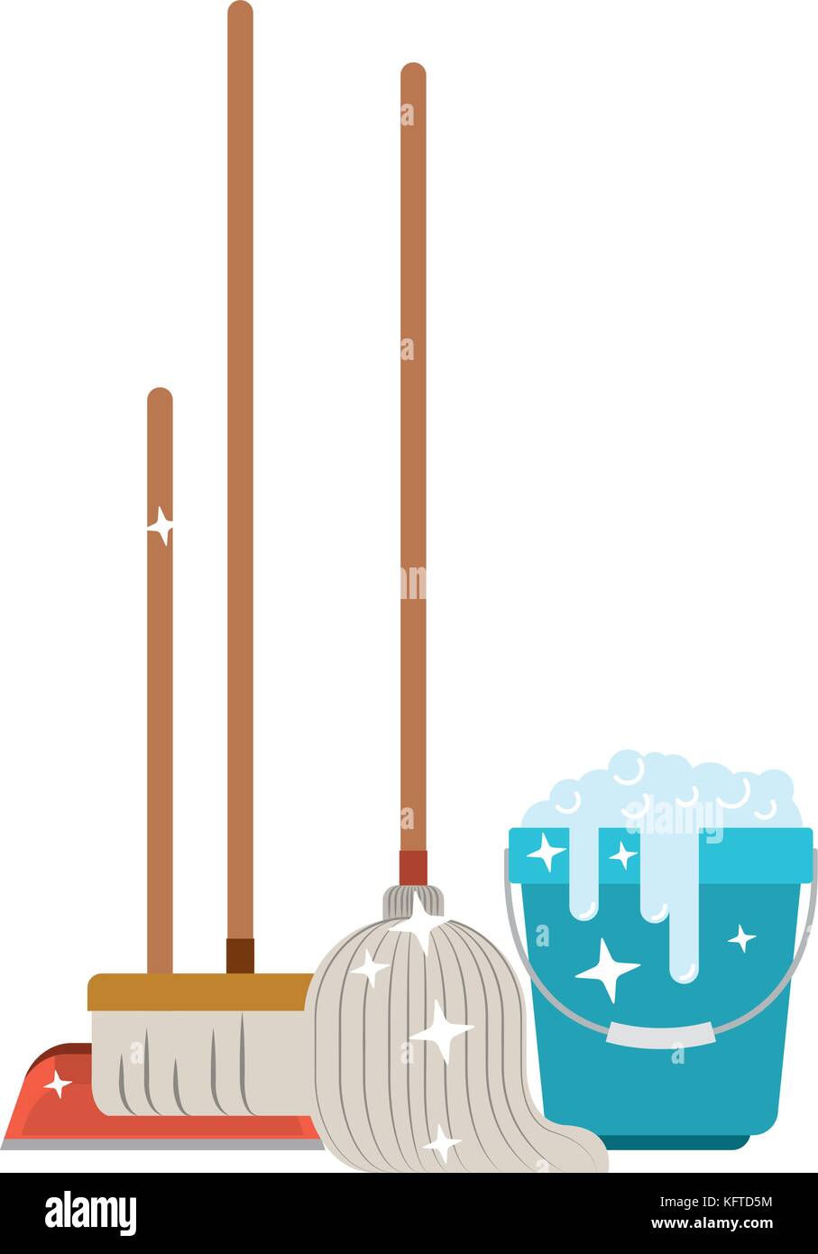 Pala para recoger basura y la escoba y el trapeador y balde con agua y  jabón detergente en coloridos silueta Imagen Vector de stock - Alamy