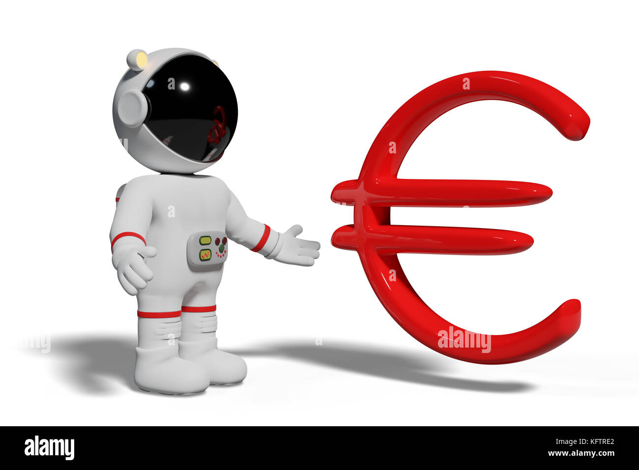 El astronauta mirando rojo signo euro, adorable personaje de dibujos animados con el símbolo de moneda aislado sobre fondo blanco. Foto de stock