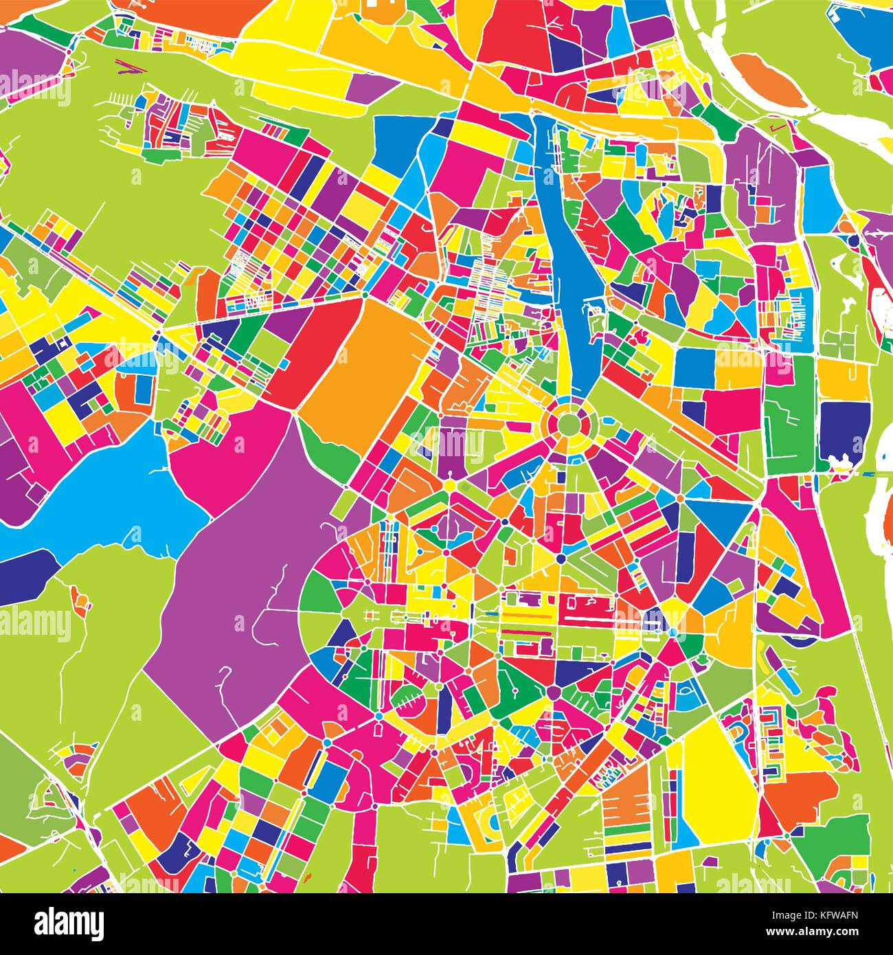 Nueva Delhi, India, colorido Mapa de vectores. Calles blancas, los ferrocarriles y el agua. Colores brillantes formas de puntos de referencia. Patrón de impresión de arte. Ilustración del Vector