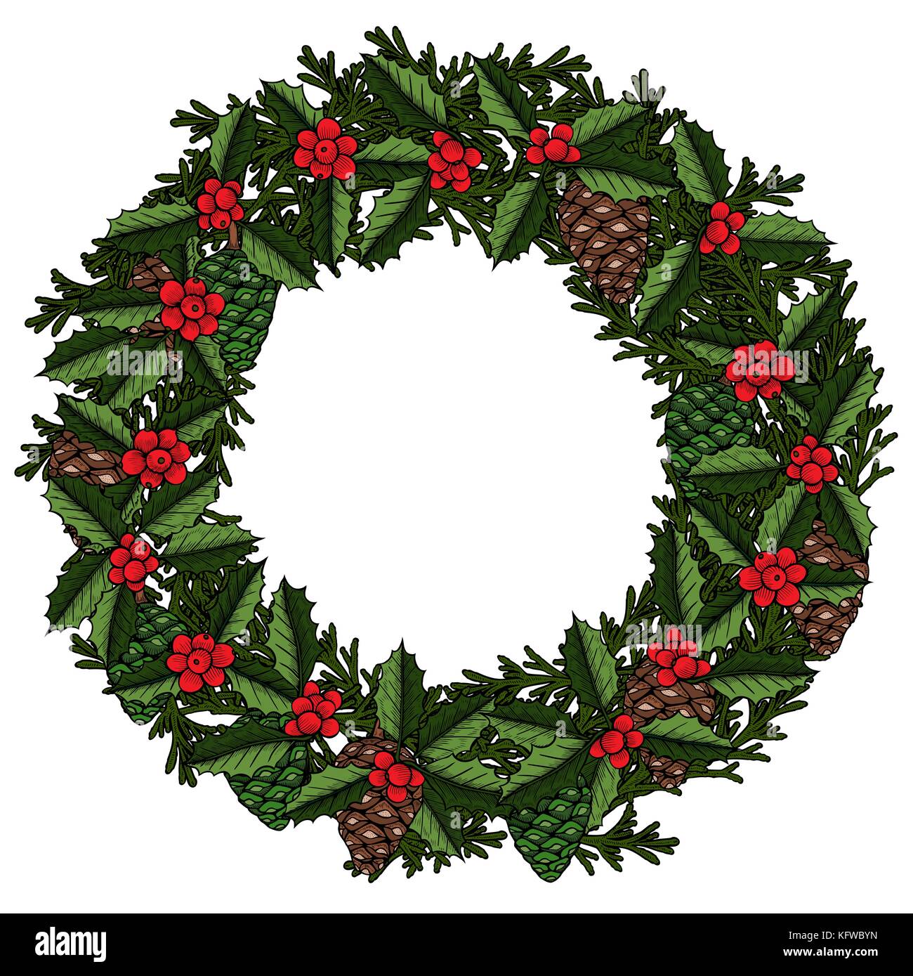 Navidad Vintage Fondo Con Holly Berry Y El Muerdago Corona Bullfinch Sentado En Ofrenda Floral Dibujadas A Mano Ilustracion Vectorial Imagen Vector De Stock Alamy