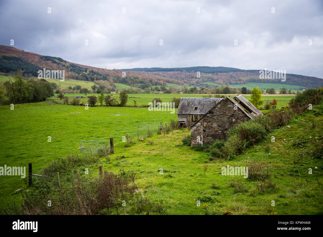 Una arruinada granja en Escocia, edificio abandonado Foto de stock