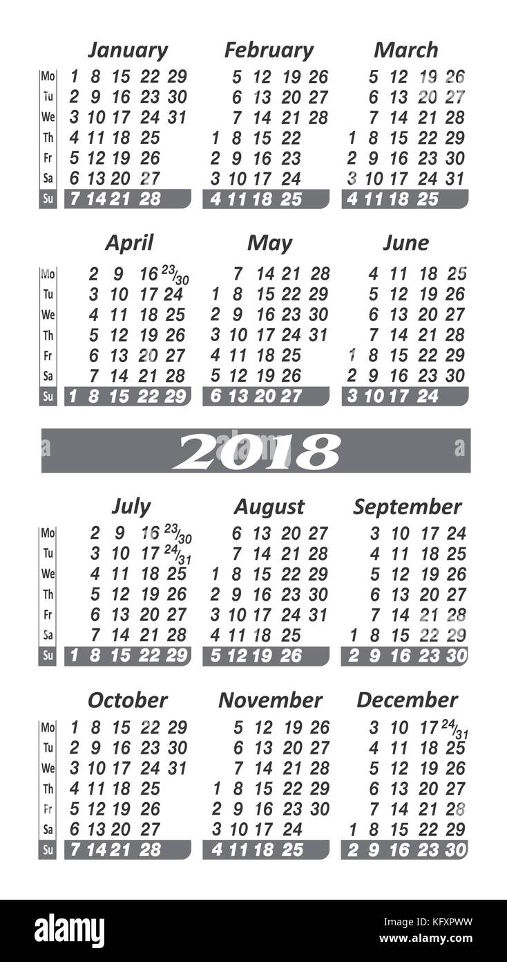 Año 2018 Calendario de bolsillo imagen vectorial, simple en blanco y negro  años calendario de bolsillo Imagen Vector de stock - Alamy