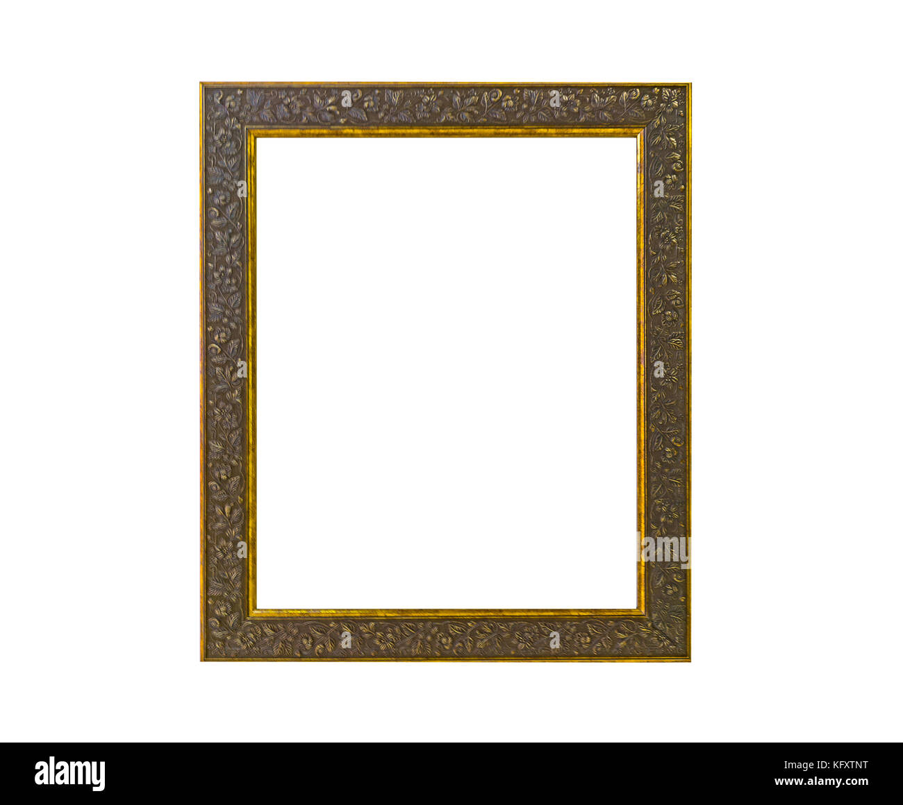 Golden vintage photo frame aislado sobre fondo blanco. Foto de stock