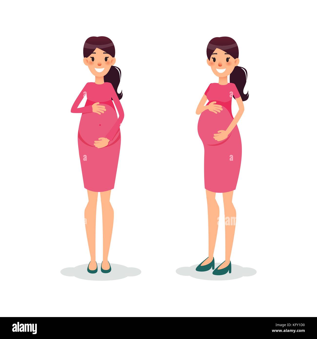 Mujeres embarazadas planas felices. Futura mamá personaje de dibujos  animados. Embarazada madre posando Imagen Vector de stock - Alamy