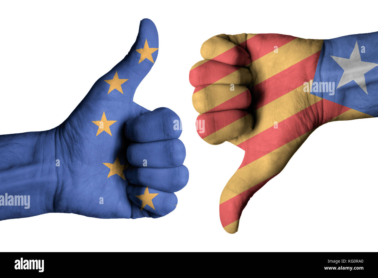 Cataluña y Europa bandera en hombre pulgar arriba y abajo las manos Foto de stock