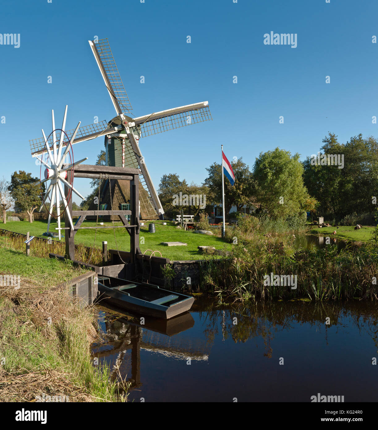 El molino de viento llamado De Trouwe Smock Waghter Tienhoven, Utrecht, Países Bajos *** título Local *** windmill, campo, pradera, agua, otoño, bandera, Foto de stock