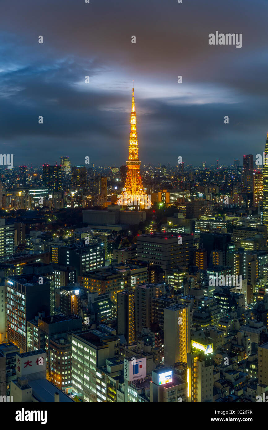 Niveles elevados de vista de noche de la ciudad iluminada e icónica Torre Tokyo, Tokio, Japón, Asia Foto de stock