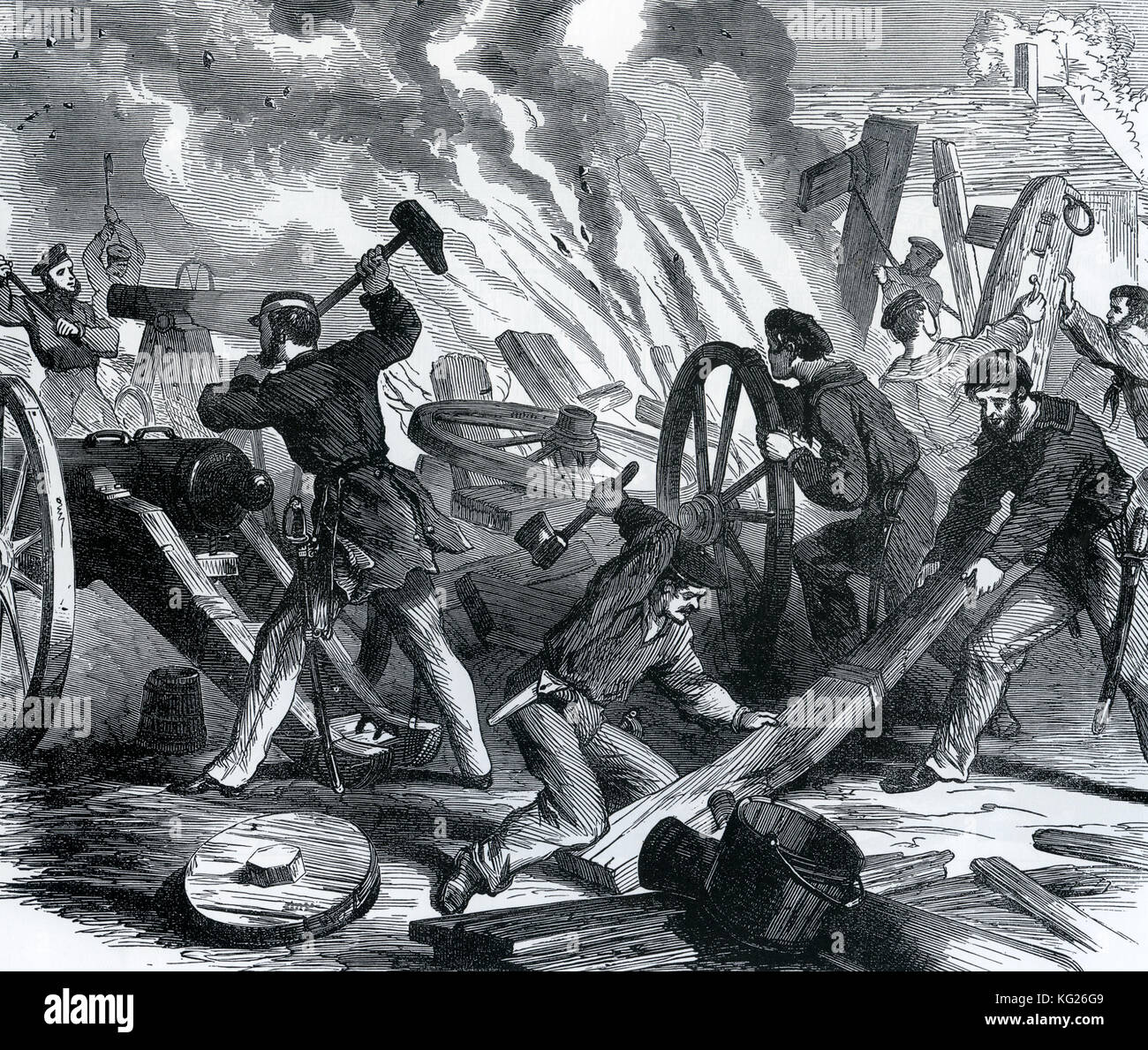 GUERRA CIVIL americana: Un partido de asalto de la Unión desde el cañonero Seneca destruyendo cañones y limeros en el arsenal confederado en Beaufort, Carolina del Sur el 14 de noviembre de 1861 Foto de stock