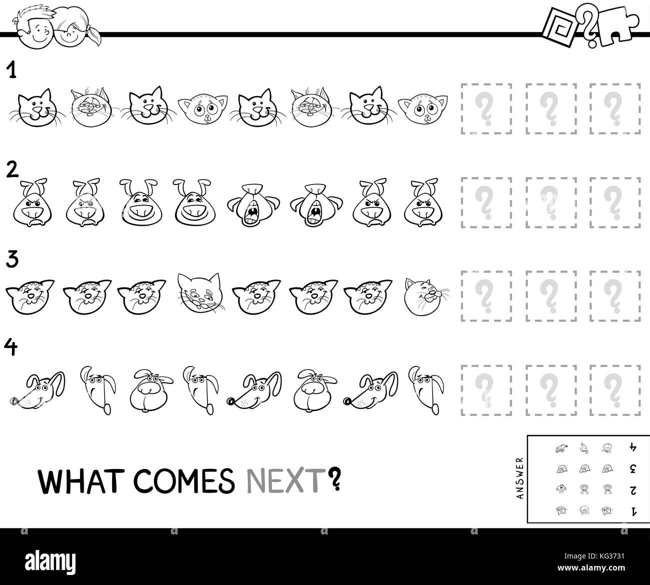 Ilustración caricatura en blanco y negro de completar la pauta juego educativo para niños de edad preescolar con personajes de animales mascotas coloring book Imagen Vector de stock - Alamy Ilustración caricatura en blanco y negro de completar la pauta juego educativo para niños de edad preescolar con personajes de animales mascotas coloring book Imagen Vector de stock - Alamy
