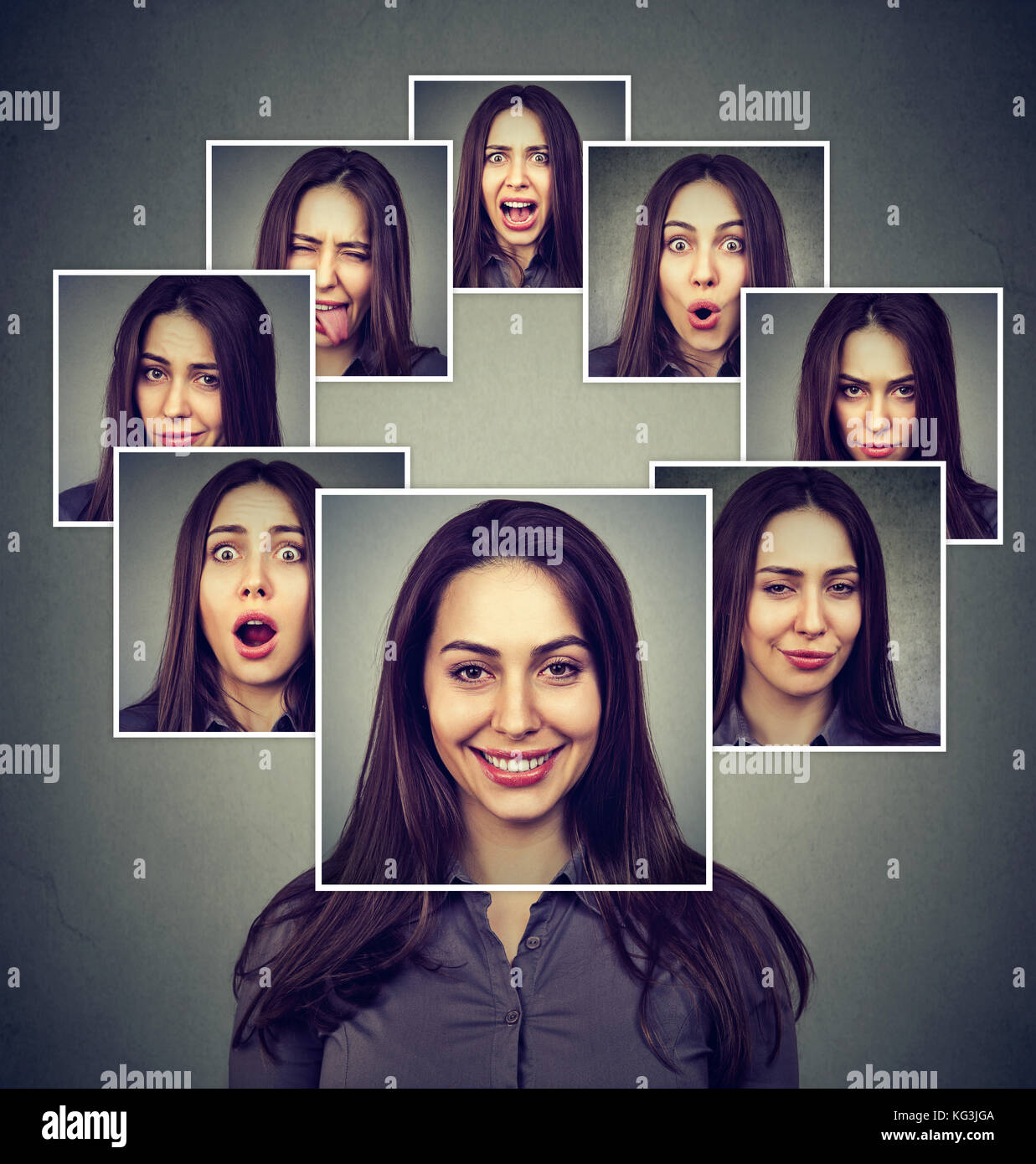 Retrato de una mujer enmascarada feliz expresando diferentes emociones Foto de stock