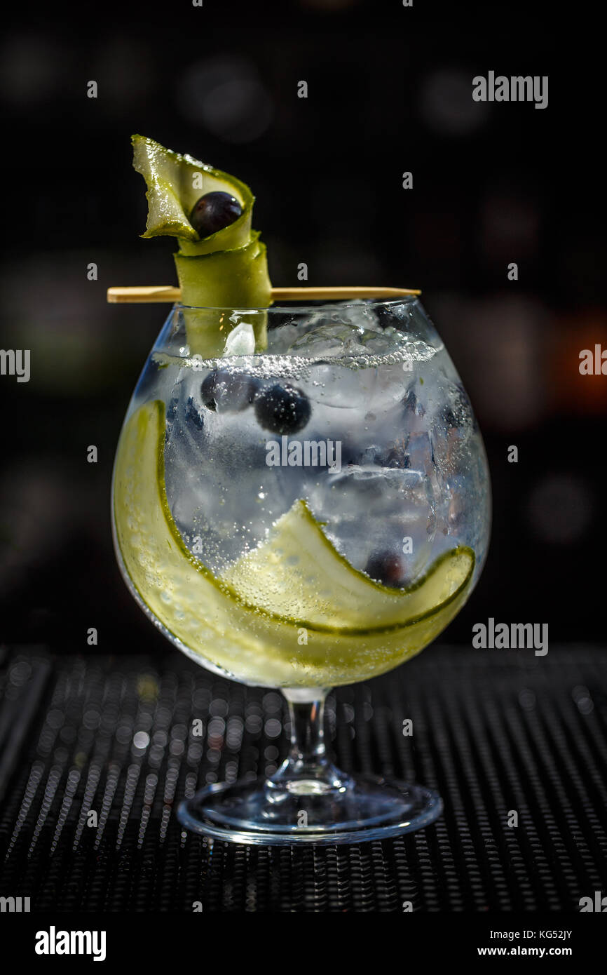 Cóctel gin tonic con pepino, grosella negra y hielo Foto de stock