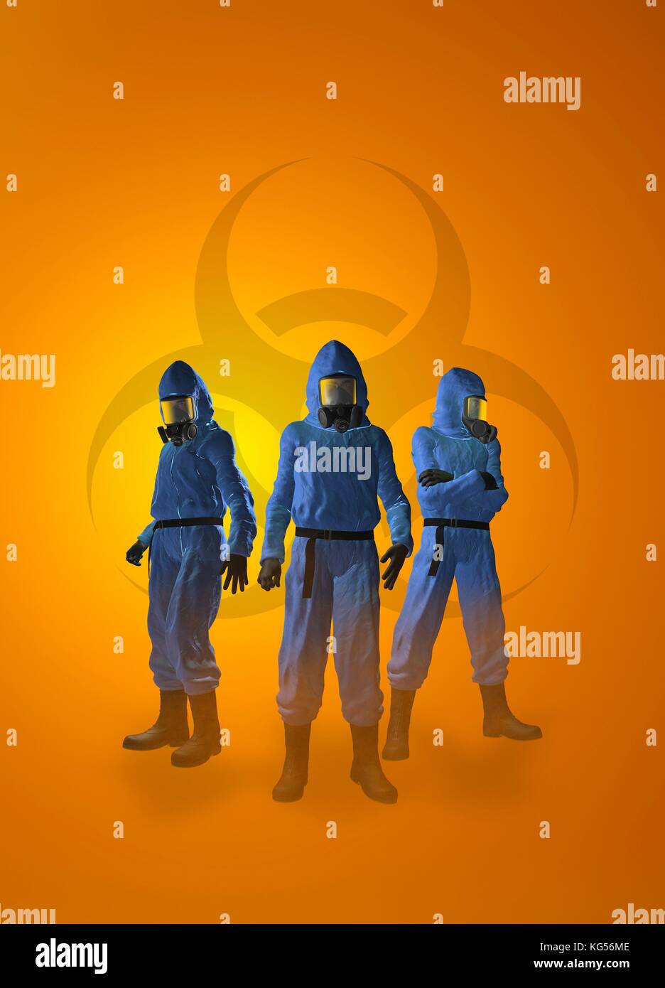 Tres figuras en trajes de radiación, la ilustración. Foto de stock