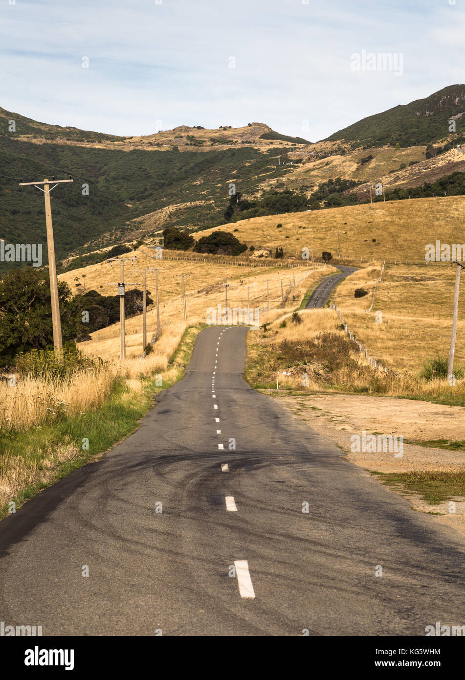 Carretera Escénica cerca de Akaroa en la península de Banks cerca chirstchurch en isla del sur de Nueva Zelanda en un día de finales de verano. Foto de stock