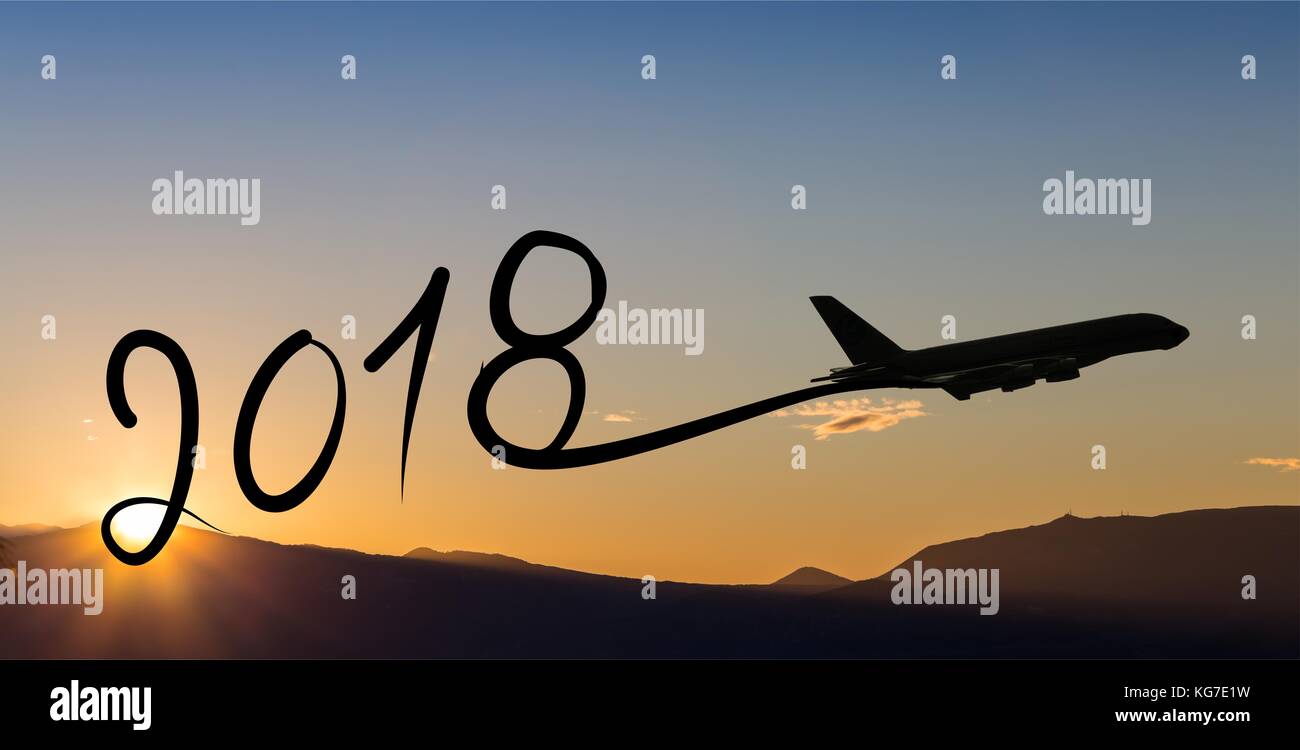 Ano Nuevo 2018 En Avion De Dibujo En El Aire Al Atardecer Fotografia De Stock Alamy