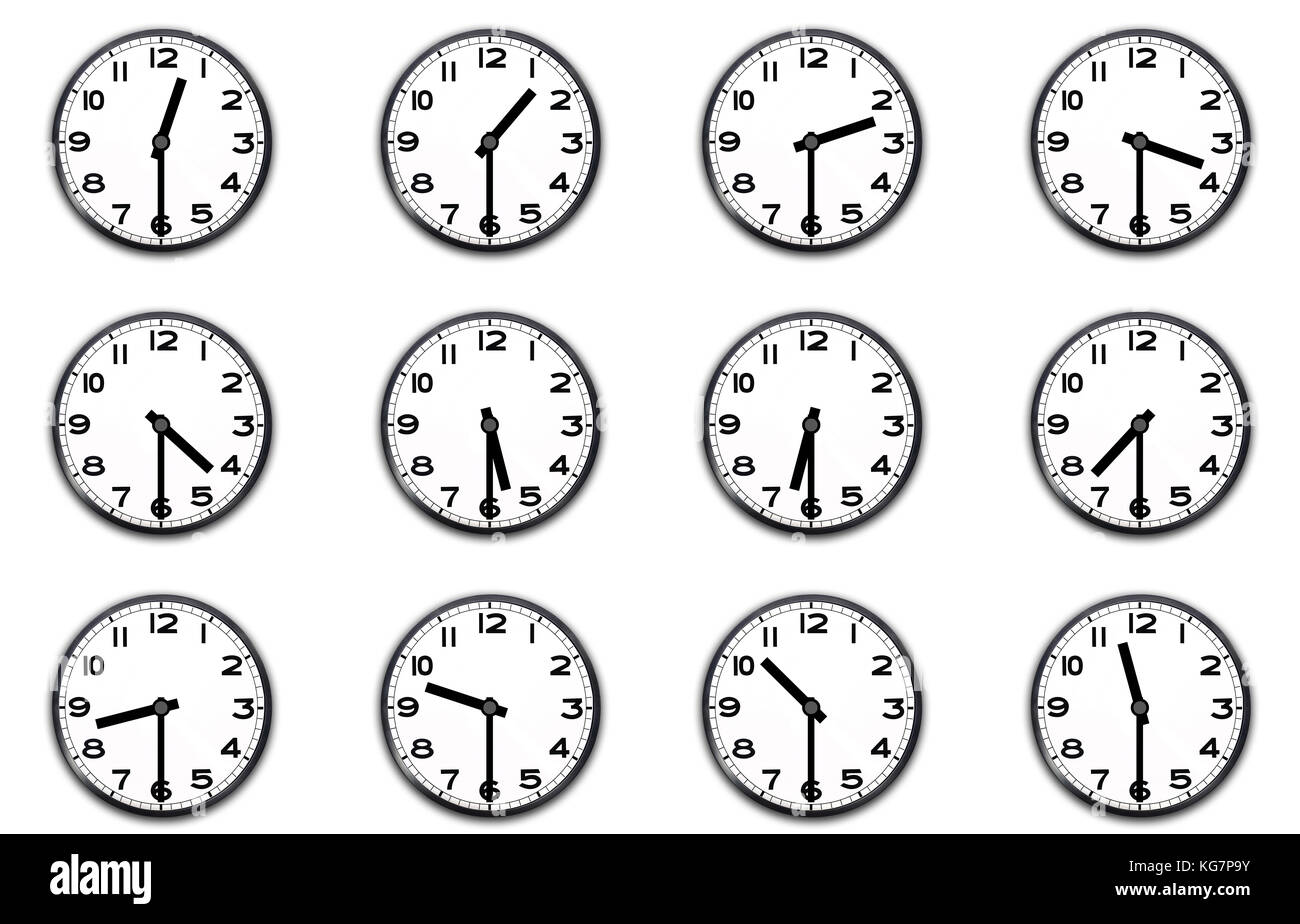 Relojes indicando la media hora en blanco Fotografía de stock - Alamy