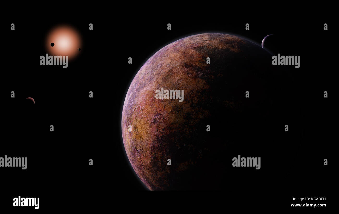 Exoplanetas orbitando una estrella enana roja Foto de stock