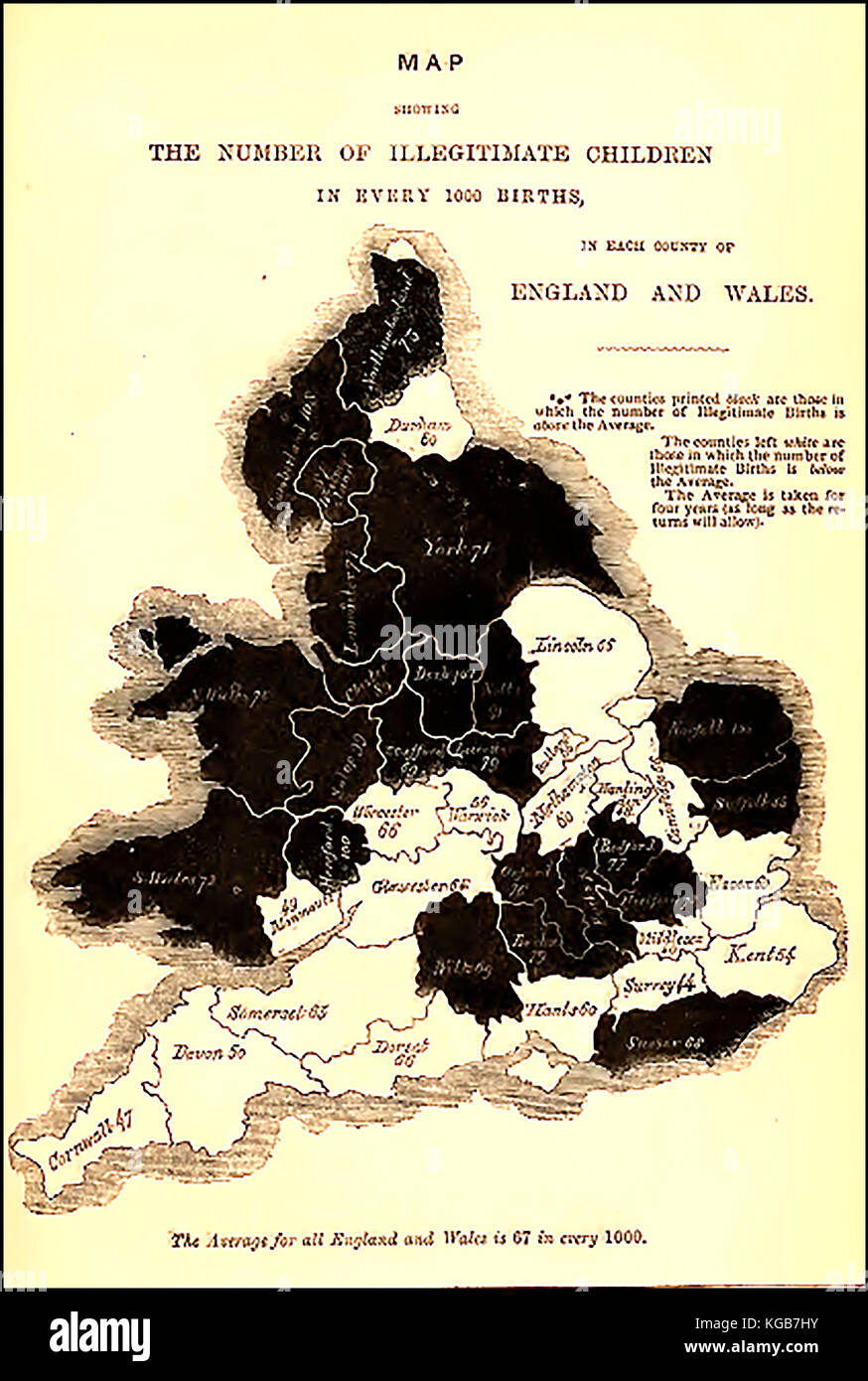 1861 El mapa que muestra los casos de ilegitimidad en Bretaña (Inglaterra y Gales) por condado Foto de stock