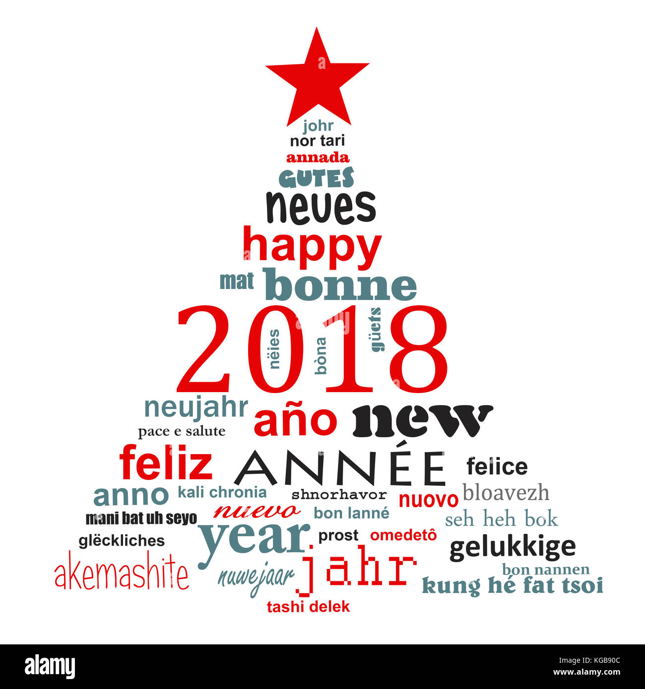 2018 año nuevo texto multilingüe palabra cloud tarjeta de felicitación en la forma de un árbol de navidad Foto de stock