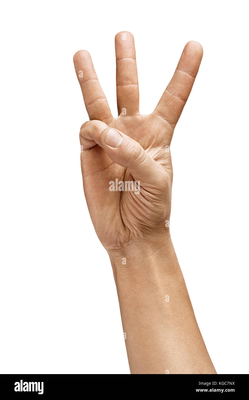 La mano del hombre mostrando tres dedos aislado sobre fondo blanco. firmar - número tres. Cerca de producto de alta resolución. Foto de stock