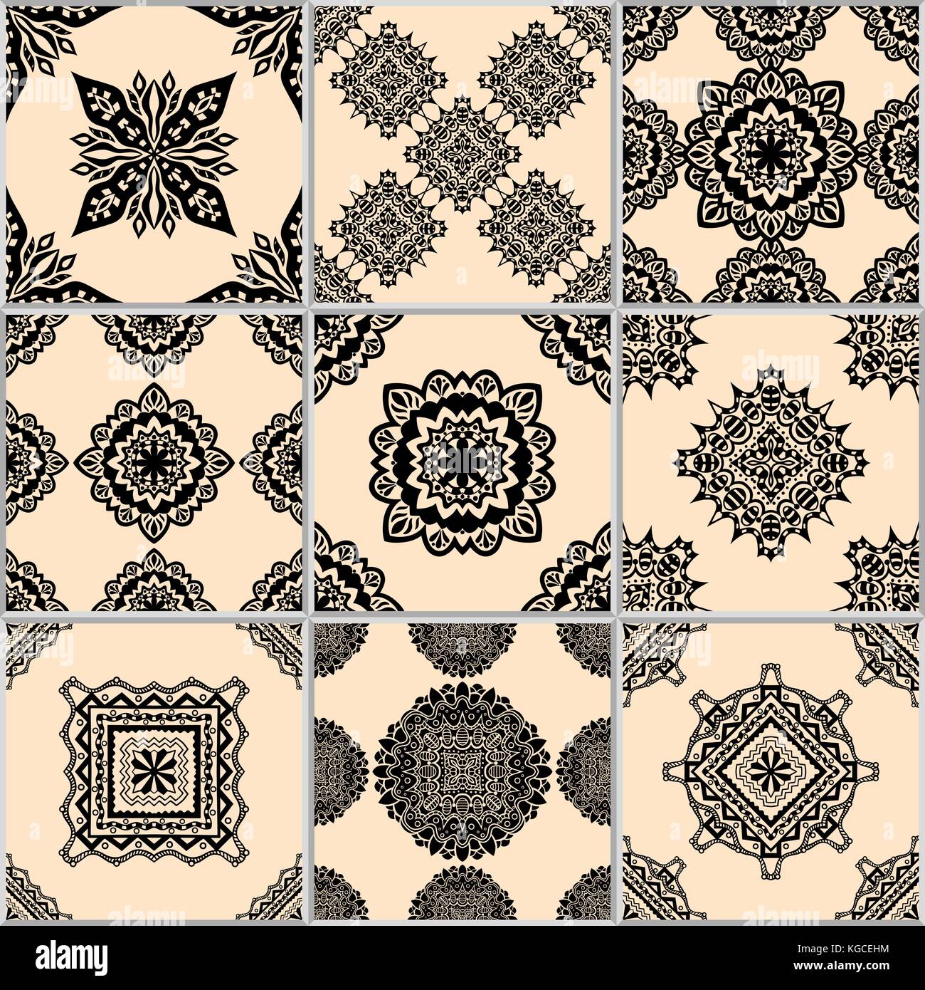 Azulejos de color beige y negro conjunto de patrones geométricos sin