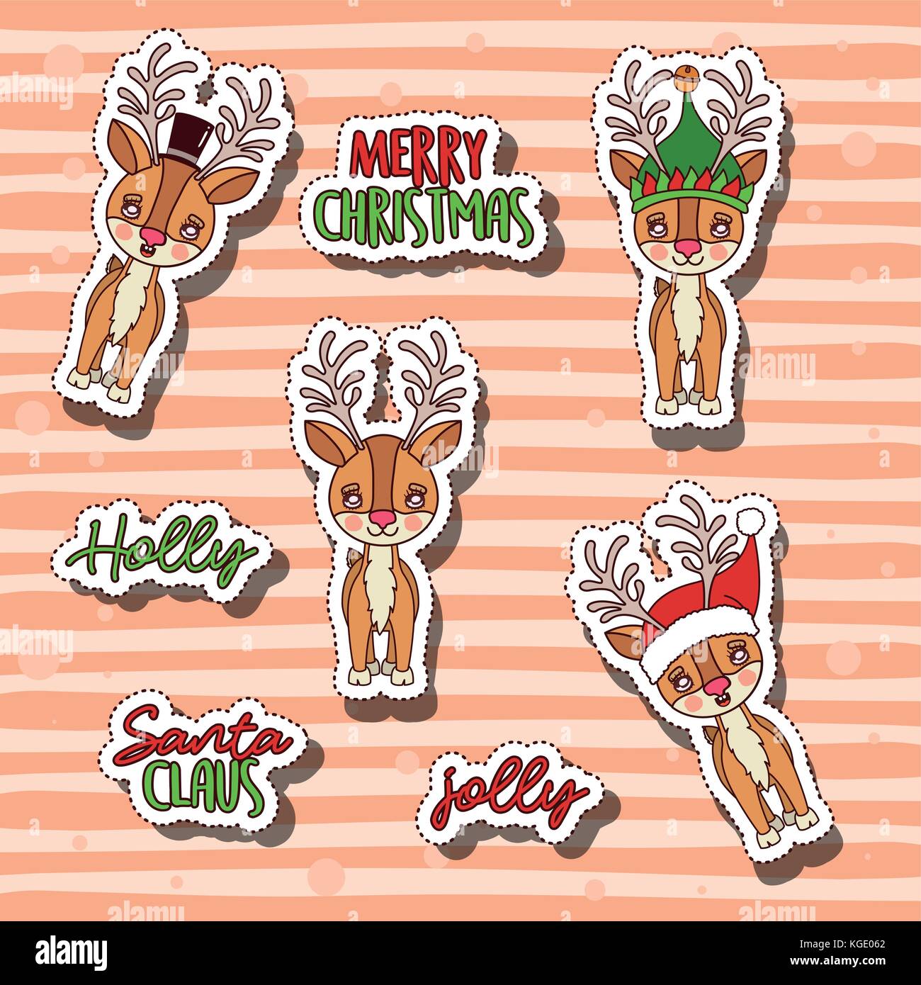 Feliz Navidad con pegatinas de los renos y Navidad texto con líneas de  color de fondo Imagen Vector de stock - Alamy