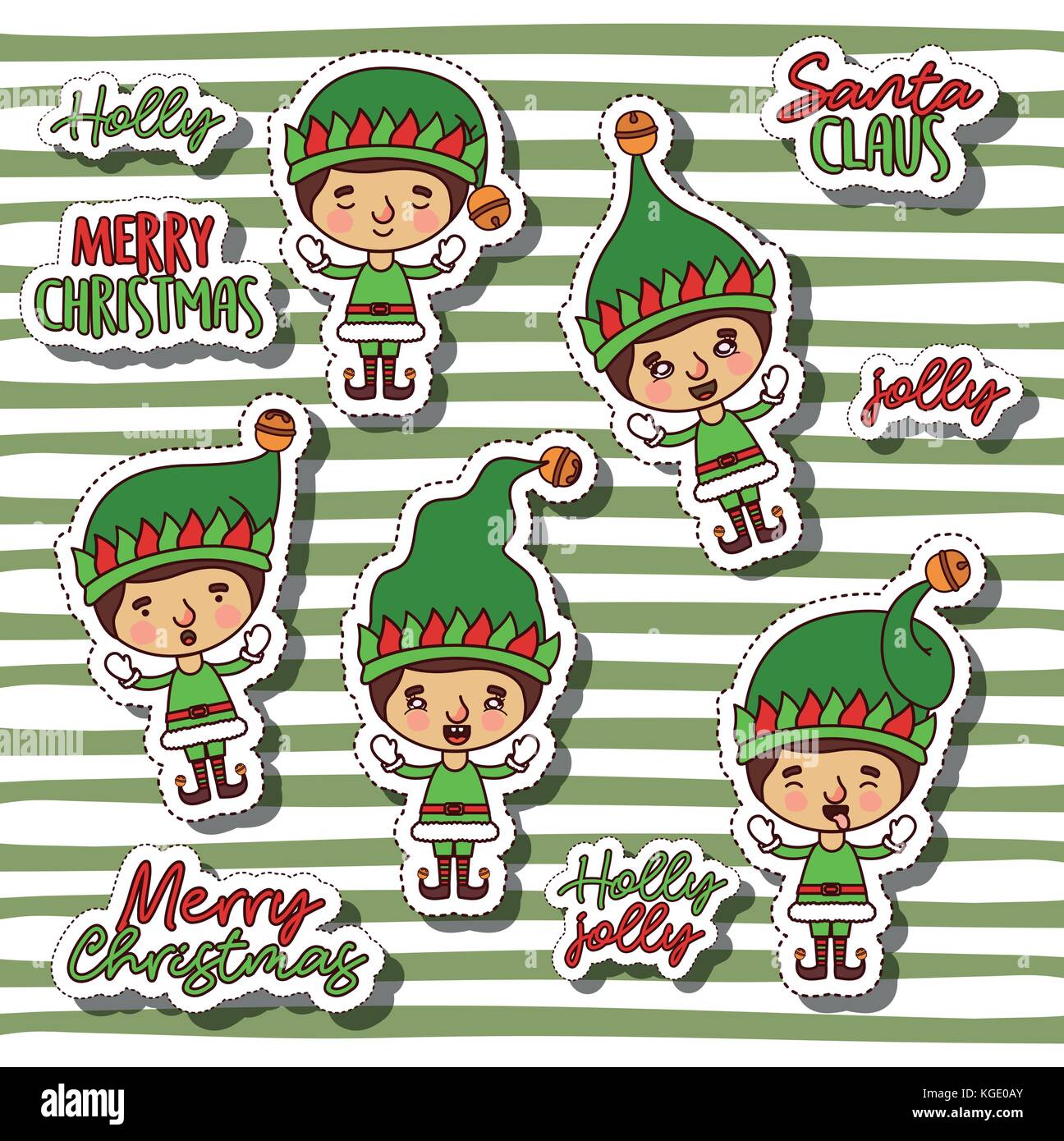 Feliz Navidad con pegatinas patrón de boy gnome Navidad texto con líneas verdes de fondo Imagen de stock - Alamy