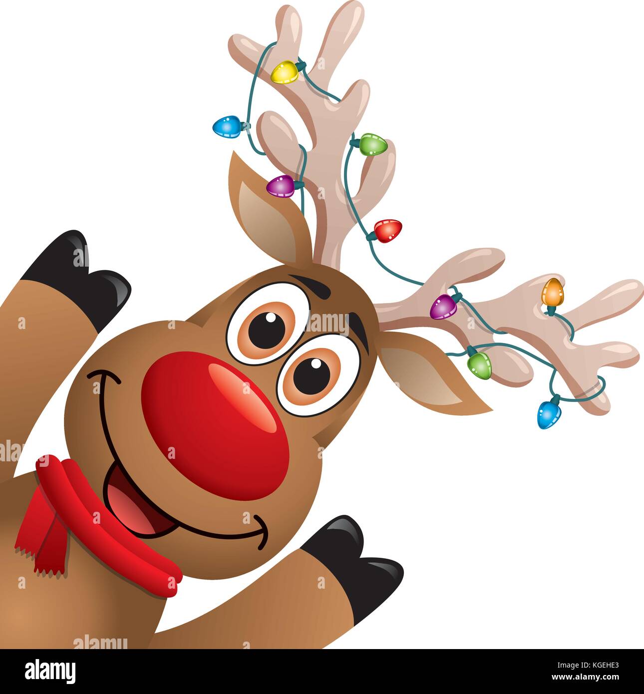 Sorteo de Navidad vectoriales divertidos renos de nariz roja. Tarjeta de navidad ilustración. cartoon rudolph ciervo con pañuelo rojo y las luces de Navidad en Big Horns, b Ilustración del Vector