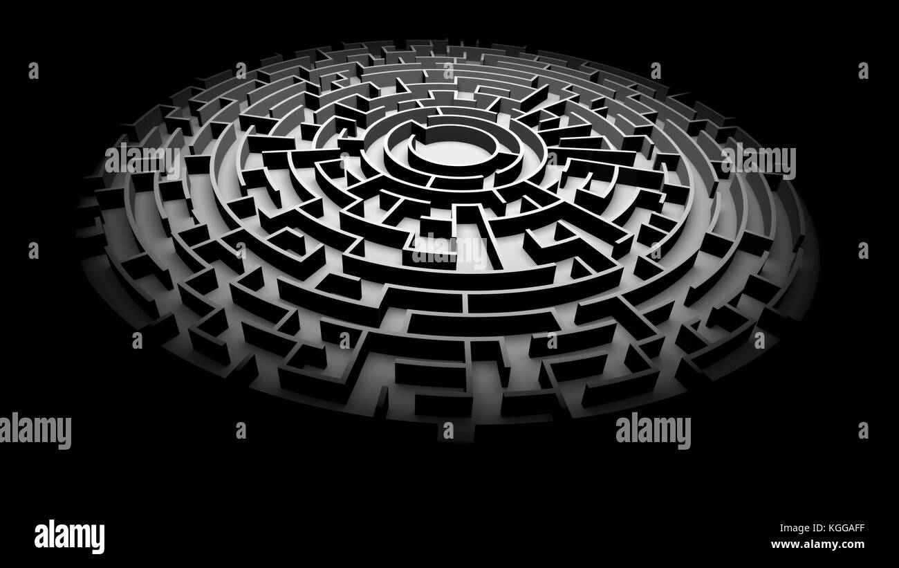 Estructura de laberinto circular brillantes de luz rodeado por la oscuridad (Ilustración 3d) Foto de stock