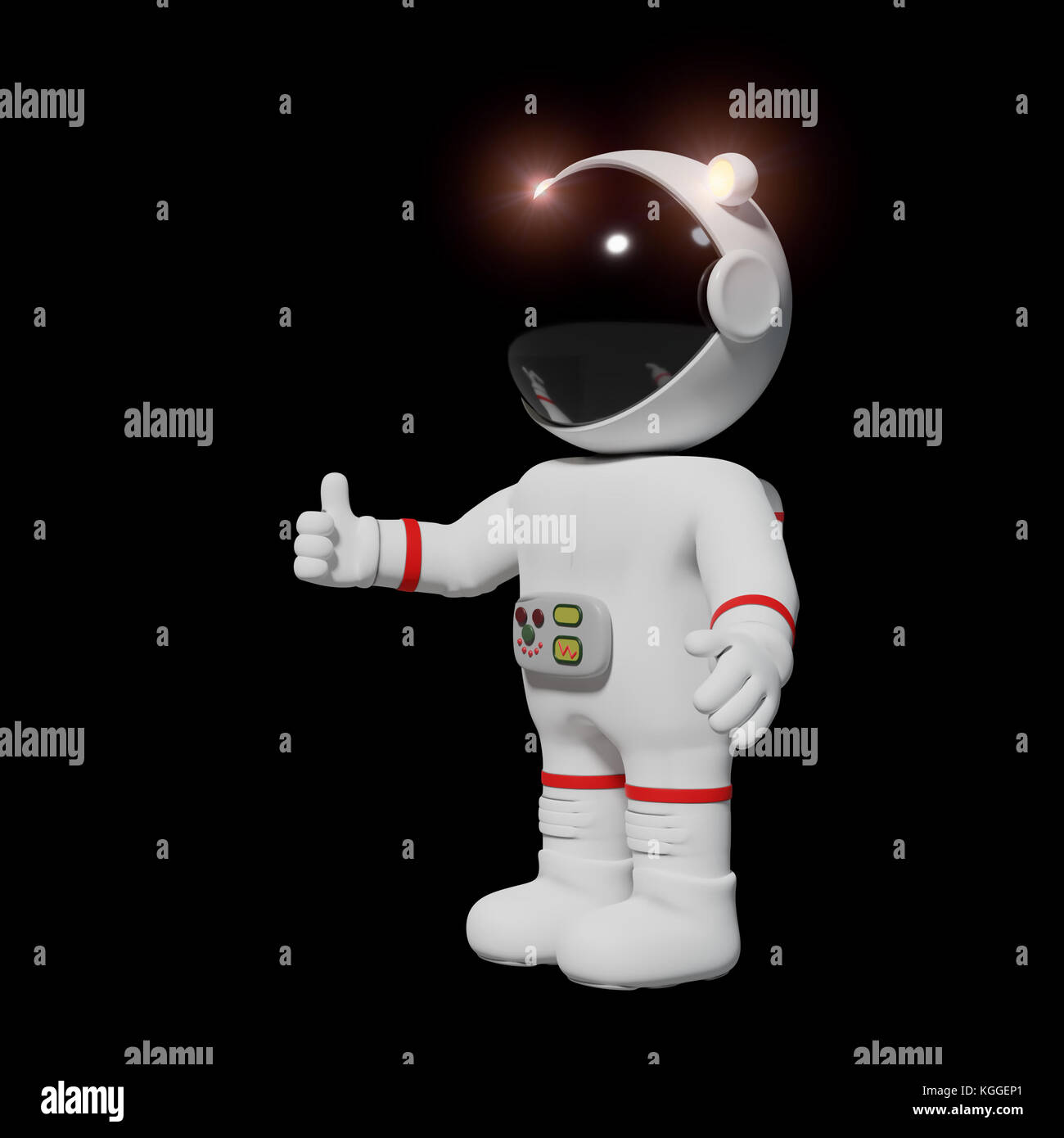 El astronauta dibujos animados en 3D con los pulgares hasta un espacio vacío (3D rendering y estilizados hombre aislado sobre fondo negro) Foto de stock