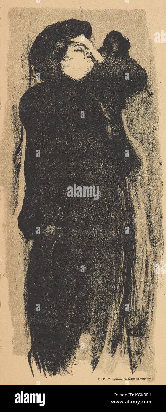 Ilustración de la revista satírica rusa Gamayun de una mujer con un abrigo de piel negro y un sombrero de piel negro apoyado contra una pared con la mano cubriendo su cara, aparentemente en una expresión de dolor, posiblemente en duelo, 1906. Foto de stock