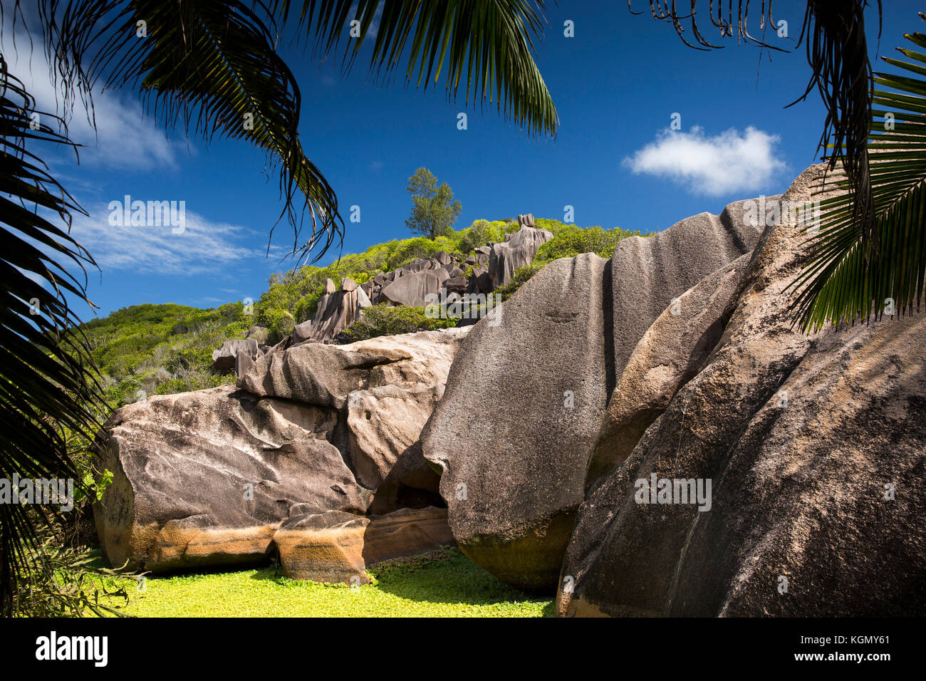 Las islas Seychelles, La Digue, Grand Anse, formación de rocas de granito erosionadas en la colina detrás de la playa Foto de stock