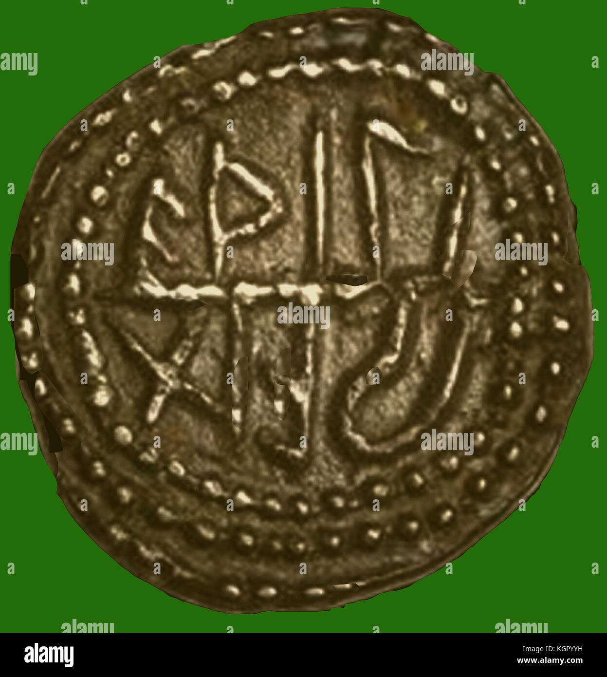 RUNES - una moneda Sceatta anglosajona, desde el reinado de AEthelred mostrando una transición entre runic y alfabeto latino. Foto de stock