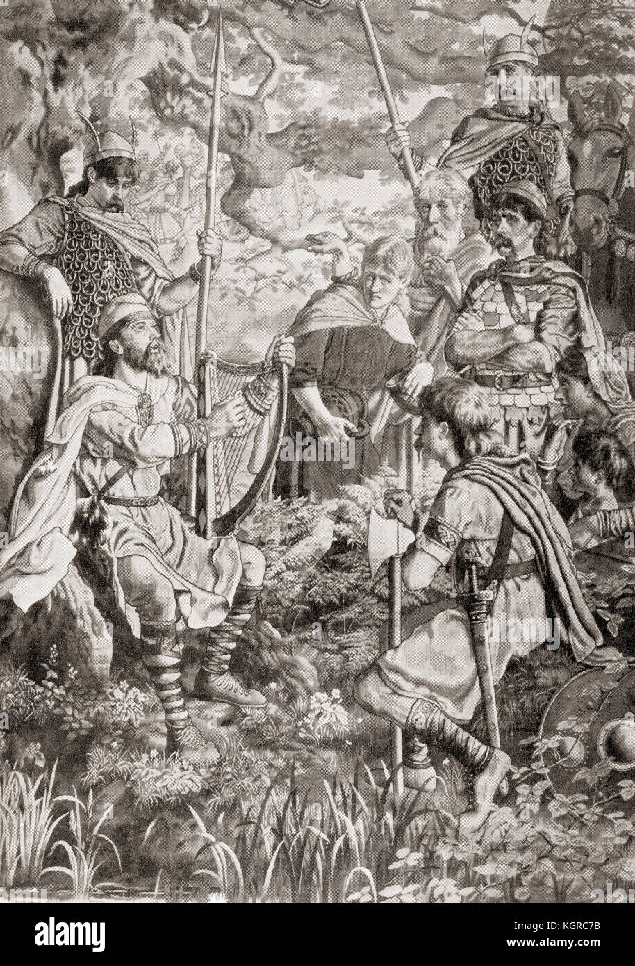 King Alfred disfrazada como un juglar paseando y tocando el arpa en el campamento de danés guthrum, 878. Alfred el grande, 849 - 899. El rey de Wessex. de Hutchinson la historia de las naciones, publicado en 1915. Foto de stock