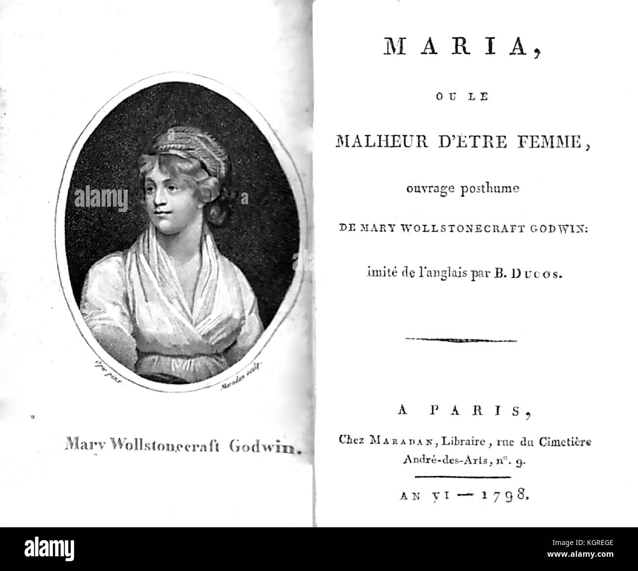 Mary WOLLSTONCRAFT (1759-1797) escritora inglesa y defensora de los derechos de las mujeres. Retrato en la edición francesa de su novela María: Una ficción publicada en Inglaterra en 1788 Foto de stock