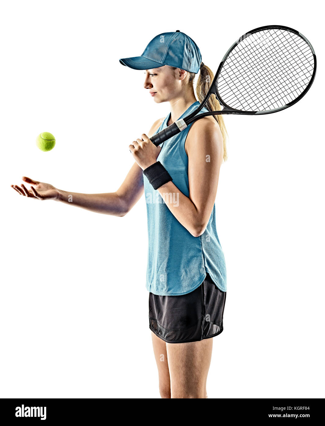 Una joven mujer tenis caucásico aislada en silueta sobre fondo blanco. Foto de stock