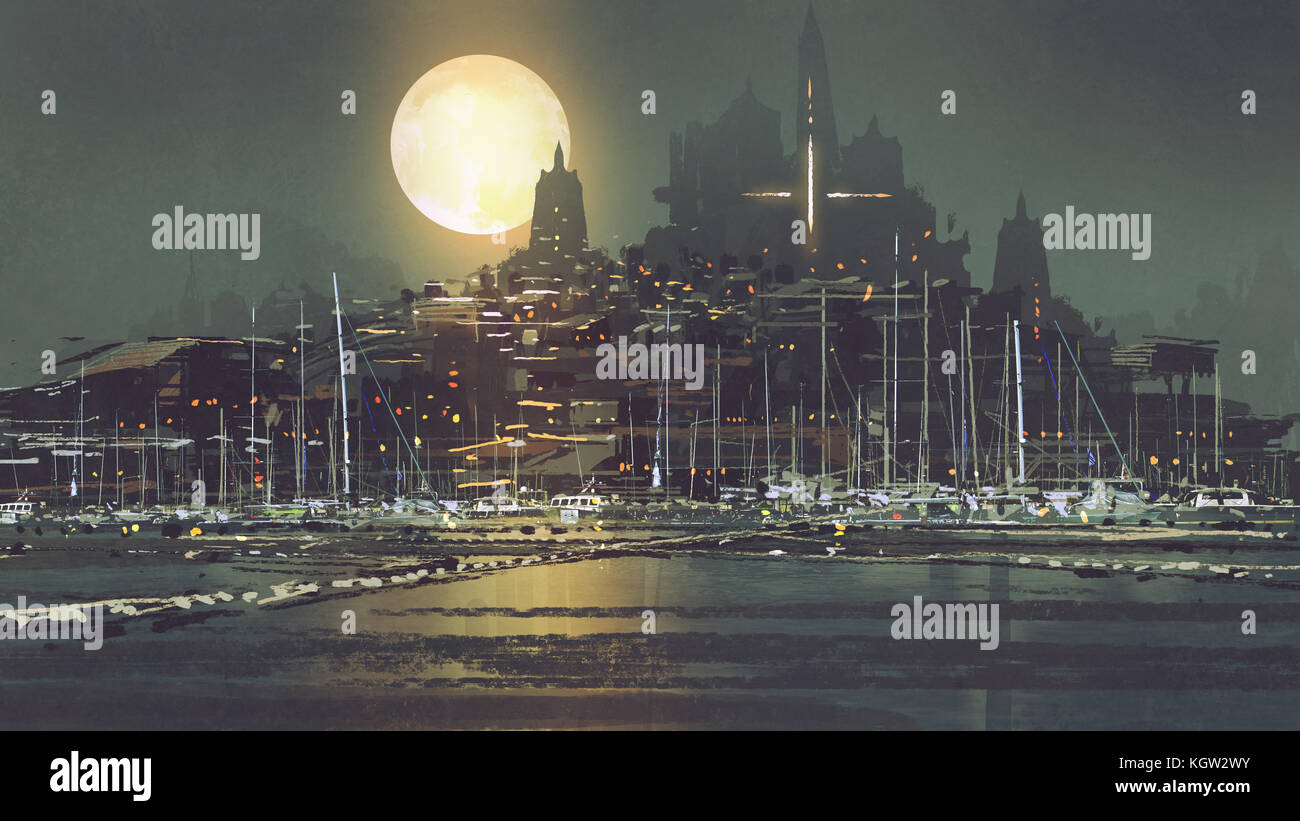 Paisaje nocturno de la ciudad portuaria con la luz de la luna, de estilo arte digital, ilustración pintura Foto de stock