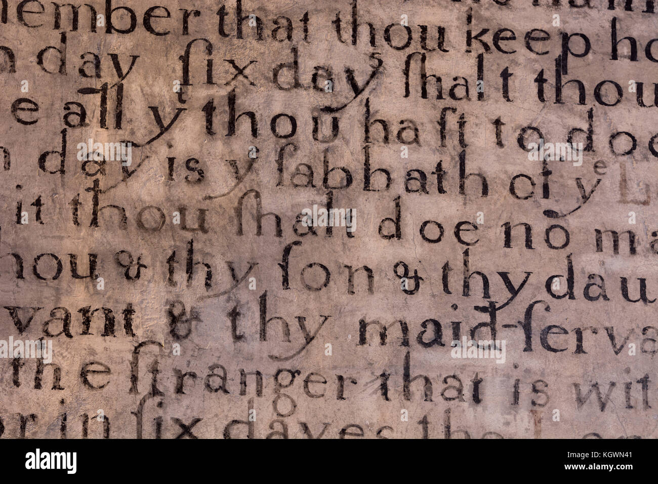 La pintura de la pared texto de san Juan Bautista, Iglesia Stokesay, Shropshire, Inglaterra, Reino Unido. Foto de stock